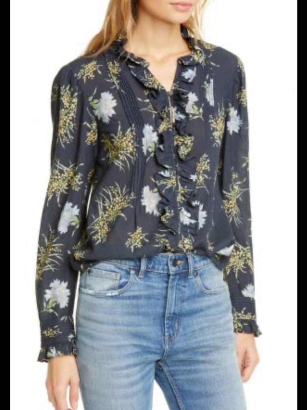 Ruffle-Front Floral Blouse in Navy